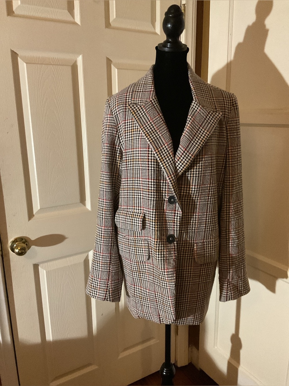 Free People Cream Blazer with Black Plaid Yoke and Red Accents size Large